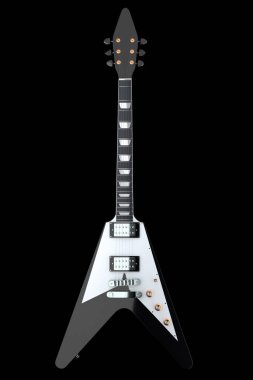 Elektro akustik gitarın yakın çekimi siyah zemin üzerinde izole edilmiş. Müzik dükkanı için heavy metal gitarlı 3D rock festivali posteri.