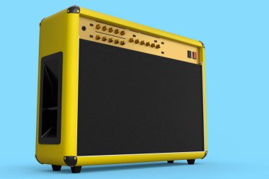 Klasik elektrik ve akustik gitar amplifikatörü mavi arka planda izole edildi. Stüdyo veya prova odasında bas gitar kaydetmek için 3D yükseltici