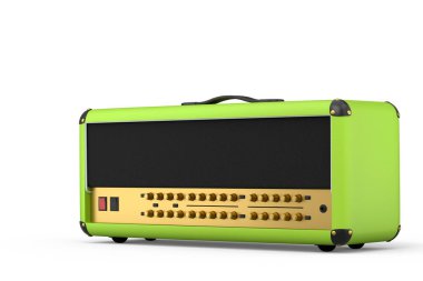 Beyaz zemin üzerinde klasik elektrik ve akustik gitar amplifikatörü izole edildi. Stüdyo veya prova odasında bas gitar kaydetmek için 3D yükseltici