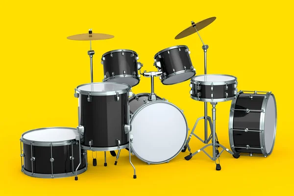 Set of realistic drums with metal cymbals on yellow background. 3d render concept of musical percussion instrument, drum machine and drumset