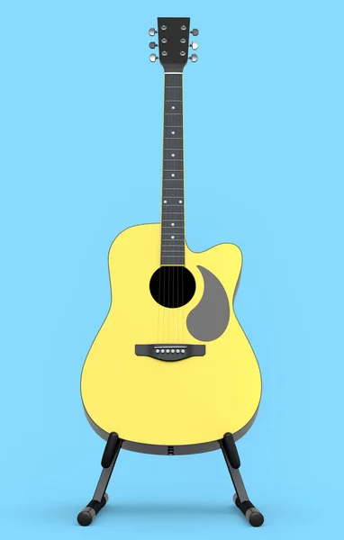 Electric acoustic guitar on stand isolated on blue background. 3d render of concept for rock festival poster with heavy metal guitar for music shop