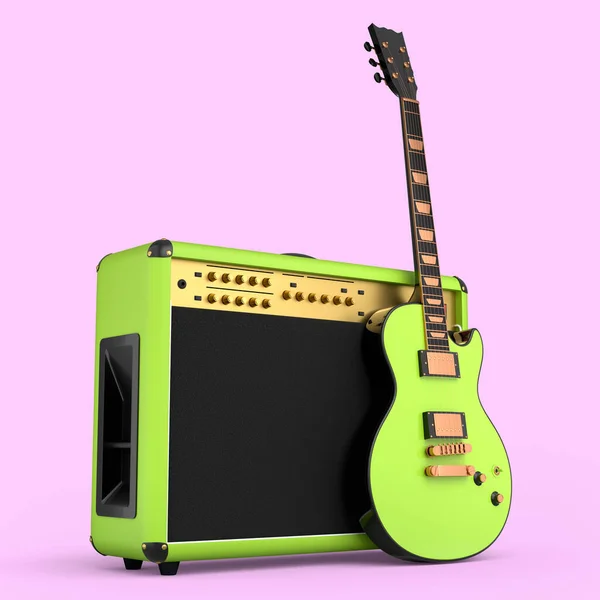 Classical amplifier with electric or acoustic guitar isolated on pink background. 3d render of amplifier for recording bass guitar in studio or rehearsal room, concept for rock festival poste