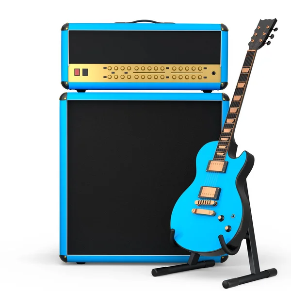 Classical amplifier with electric or acoustic guitar on stand isolated on white background. 3d render of amplifier for recording bass guitar in studio or rehearsal room, concept for rock festival
