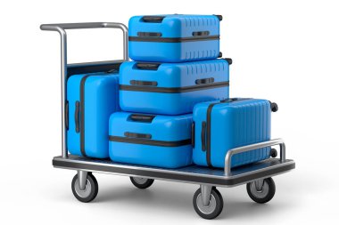 Beyaz arka planda bagaj taşımak için otel vagonunda normal polikarbonat bavulu. 3D seyahat konsepti. Tatil ve bagaj taşımacılığı.