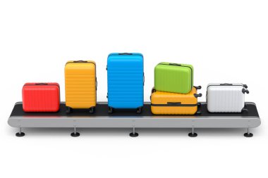 Havaalanı bagaj taşıma bandı, üretim hattı ya da bavulları beyaz arka planda olan bagaj teslim alanı. Seyahat tatil konseptinin 3D sunucusu.