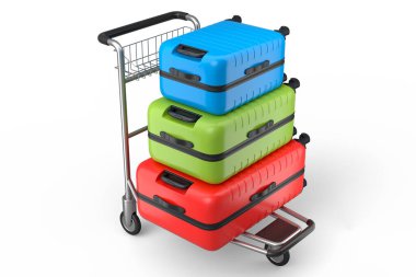 Beyaz arka planda bagaj taşımak için otel vagonunda normal polikarbonat bavulu. 3D seyahat konsepti. Tatil ve bagaj taşımacılığı.