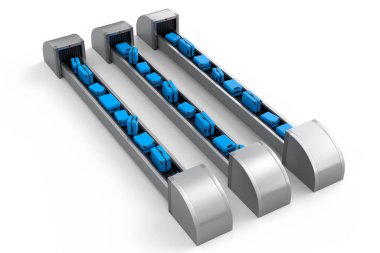 Havaalanı valiz taşıma bandı ya da beyaz arka planda bavulları olan bagaj teslim alanı. Seyahat tatil konseptinin 3D sunucusu.