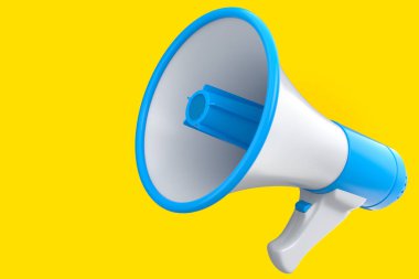 Sarı arka planda megafon izole edilmiş. 3D alışveriş ve reklam fikri, işe alım kavramı