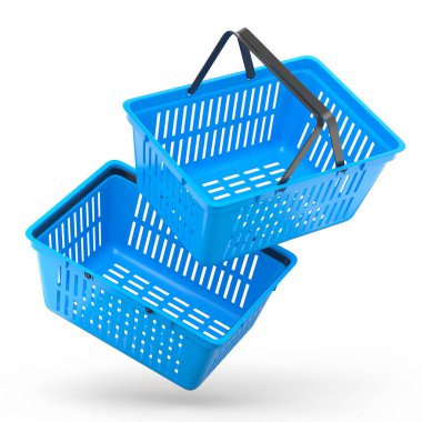 Beyaz arka planda süpermarketten alınmış plastik alışveriş sepeti seti. 3D canlandırma konsepti online alışveriş ve Kara Cuma indirimi