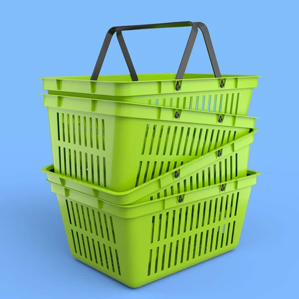 Stack Plastic Shopping Basket Supermarket Blue Background Render Concept Online — Stock Fotó