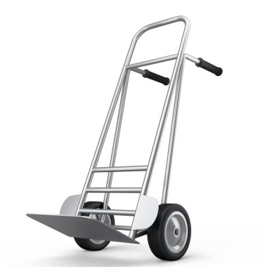 Boş bir el arabası ya da beyaz arka planda izole edilmiş bir kule. 3D teslimat ve depo ve mağaza eşyaları taşıma