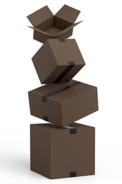 Karton kutular ya da beyaz arka planda izole edilmiş bir hediye kutusu. 3D ekspres teslimat kavramı depo, paket taşımak ve çevrimiçi alışveriş