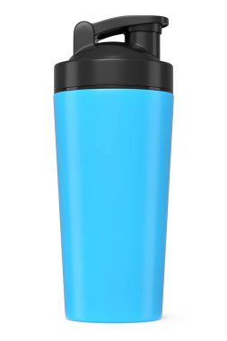 Beyaz arka planda izole edilmiş protein içeceği için mavi plastik karıştırıcı. Spor gıda kokteyl kabının 3 boyutlu sunucusu