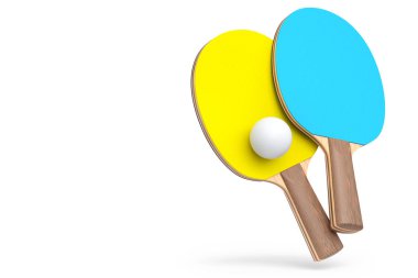 Masa tenisi için masa tenisi raketleri ve beyaz arka planda izole edilmiş top. Aktif eğitim için 3D spor ekipmanı hazırlama