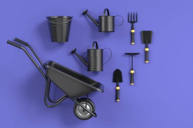 Garden wheelbarrow with garden tools like shovel, rake and fork on violet background. 3d render concept of horticulture and farming supplies