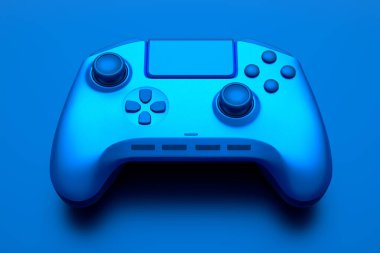 Realistic video game joystick with blue chrome texture isolated on blue background. 3D render of streaming gear for cloud gaming and gamer workspace concept