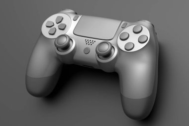 Realistic video game joystick with metallic chrome texture isolated on dark background. 3D render of streaming gear for cloud gaming and gamer workspace concept