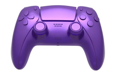 Realistic video game joystick with violet chrome texture isolated on white background. 3D render of streaming gear for cloud gaming and gamer workspace concept