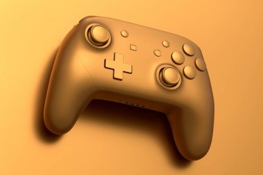 Realistic video game joystick with gold chrome texture isolated on golden background. 3D render of streaming gear for cloud gaming and gamer workspace concept