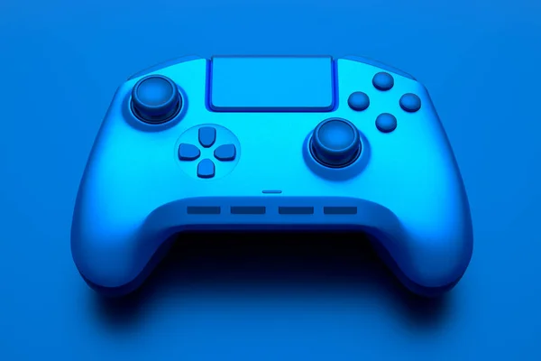 Realistic Video Game Joystick Blue Chrome Texture Isolated Blue Background — стоковое фото