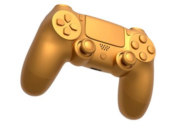 Realistic video game joystick with golden chrome texture isolated on white background. 3D render of streaming gear for cloud gaming and gamer workspace concept