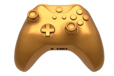 Realistic video game joystick with golden chrome texture isolated on white background. 3D render of streaming gear for cloud gaming and gamer workspace concept
