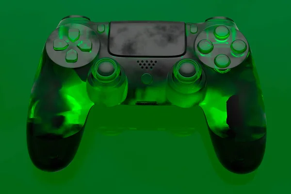 トレンディーなスタイルのガラス形態や緑の背景に霜ガラス効果で現実的なビデオゲームジョイスティック クラウドゲームやゲーマーのワークスペースのコンセプトのためのストリーミングギアの3Dレンダリング — ストック写真
