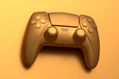 Realistic video game joystick with gold chrome texture isolated on golden background. 3D render of streaming gear for cloud gaming and gamer workspace concept