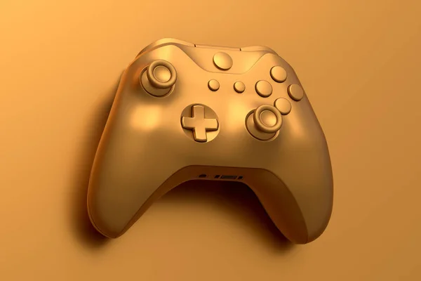 Realistic video game joystick with gold chrome texture isolated on golden background. 3D render of streaming gear for cloud gaming and gamer workspace concept