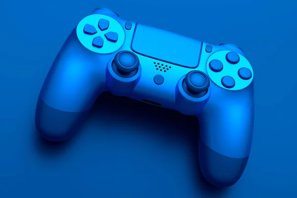 青の背景に隔離された青のクロム質感と現実的なビデオゲームジョイスティック クラウドゲームやゲーマーのワークスペースのコンセプトのためのストリーミングギアの3Dレンダリング — ストック写真