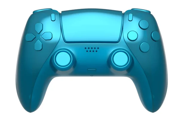 现实的电子游戏控制杆与蓝色的铬纹理隔离在白色背景 用于云游戏和游戏玩家工作空间概念的流齿轮三维渲染 — 图库照片