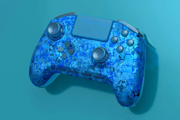 青の背景にモザイクシームレスパターンと現実的なビデオゲームジョイスティック クラウドゲームやゲーマーのワークスペースのコンセプトのためのストリーミングギアの3Dレンダリング — ストック写真