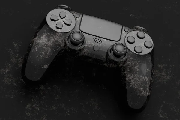 Realistic video game joystick with black marble texture on black background. 3D render of streaming gear for cloud gaming and gamer workspace concept