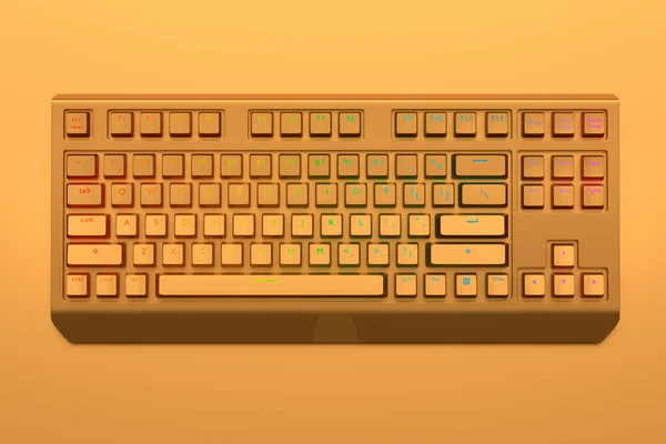 Realistic computer keyboard with golden chrome texture isolated on gold background. 3D render of streaming gear for cloud gaming and gamer workspace concept