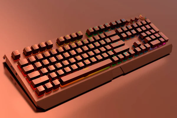 赤の背景に隔離された銅クロムテクスチャと現実的なコンピュータキーボード クラウドゲームやゲーマーのワークスペースのコンセプトのためのストリーミングギアの3Dレンダリング — ストック写真