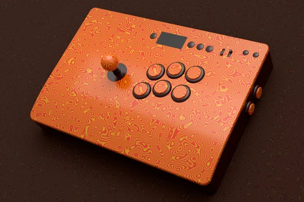 Vintage arcade stick with joystick and tournament-grade buttons with seamless wavy pattern on dark background. 3d render of gaming machine, streaming gear for cloud gaming and gamer workspace concept