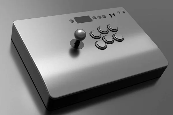 Vintage arcade stick with joystick and tournament-grade buttons with metallic chrome texture on dark background. 3d render of gaming machine, streaming gear for cloud gaming and workspace concept