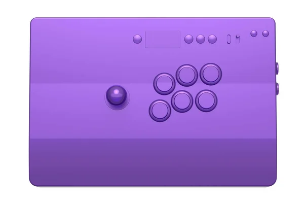 古色古香的街机杆与控制杆和比赛级按钮与紫罗兰色纹理的白色背景 游戏机三维渲染 云游戏流水线齿轮和游戏玩家工作空间概念 — 图库照片