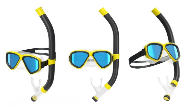 夏休みのためのダイビングマスクとシュノーケリングのセットと白い背景でのシュノーケリング夏休みのコンセプトと休日の3Dレンダリング — ストック写真