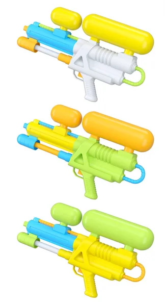 Zestaw Plastikowych Pistoletów Wodnych Zabawy Basenie Białym Tle Renderowanie Koncepcji — Zdjęcie stockowe