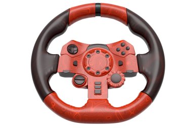 Beyaz arka planda pürüzsüz dalgalı desenli gerçekçi deri direksiyon. Oyun makinesinin 3D canlandırması, bulut oyunu ve oyun alanı konsepti için yayın teçhizatı