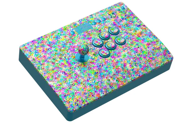 Vintage arcade stick with joystick and tournament-grade buttons with mosaic seamless pattern on white background. 3d render of gaming machine, streaming gear for cloud gaming and workspace concept
