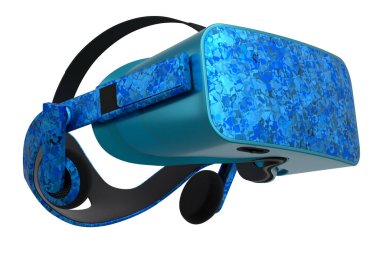 Beyaz arka planda izole edilmiş mozaik pürüzsüz desenli gerçekçi sanal gerçeklik gözlükleri. Bulut oyunu ve oyun alanı çalışma alanı konsepti için 3D görüntüleme donanımı