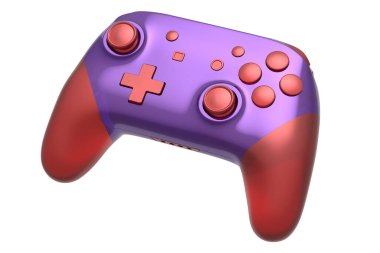 Realistic video game joystick with violet chrome texture isolated on white background. 3D render of streaming gear for cloud gaming and gamer workspace concept