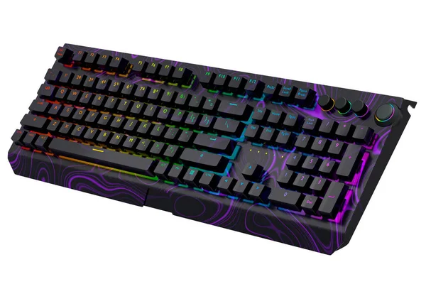 Realistic computer keyboard with seamless wavy pattern isolated on white background. 3D render of streaming gear for cloud gaming and gamer workspace concept