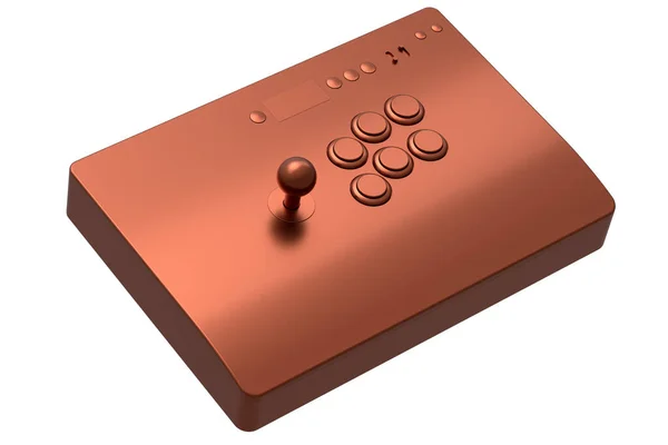 Vintage arcade stick with joystick and tournament-grade buttons with copper chrome texture on white background. 3d render of gaming machine, streaming gear for cloud gaming and gamer workspace concept
