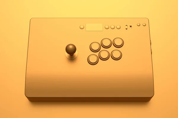 Vintage arcade stick with joystick and tournament-grade buttons with gold chrome texture on golden background. 3d render of gaming machine, streaming gear for cloud gaming and gamer workspace concept