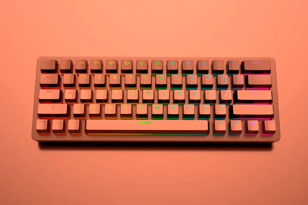Realistic computer keyboard with copper chrome texture isolated on red background. 3D render of streaming gear for cloud gaming and gamer workspace concept