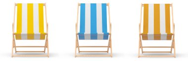 Set of striped beach chairs for summer getaways isolated on white background. 3D render of summer vacation concept and holidays clipart