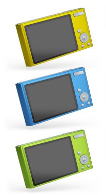 Yaz tatilleri için beyaz arka planda izole edilmiş cep kamerası seti. Yaz tatili konsepti ve tatillerinin 3 boyutlu canlandırması